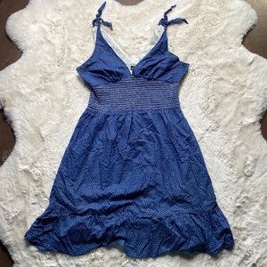 Wet Seal dress blue with white polkadots. Size: large. Stretchy pleated waist.